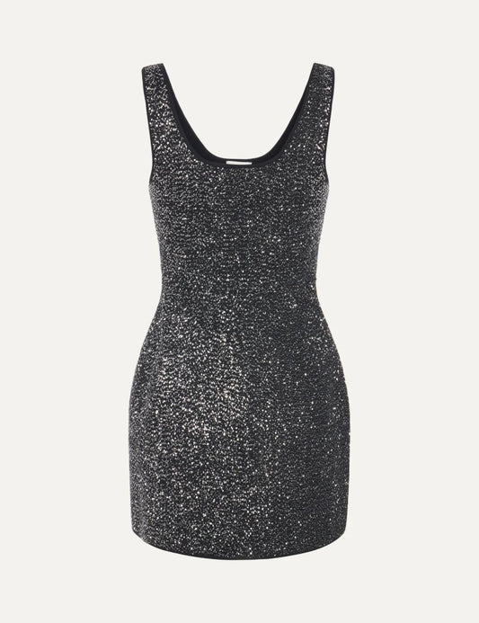 Elisabetta Franchi women's black and silver sequin knit mini dress with wide shoulder straps, scoop neckline and fitted silhouette.