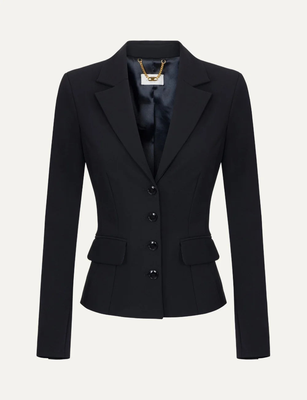 Elisabetta Franchi women's black single-breasted tailored blazer with structured shoulders, peak lapels, four-button fastening and flap pockets.