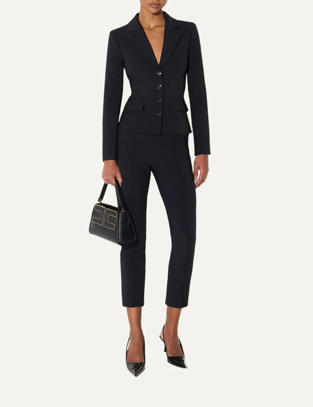 Elisabetta Franchi women's black single-breasted tailored blazer with structured shoulders, peak lapels, four-button fastening and flap pockets full body