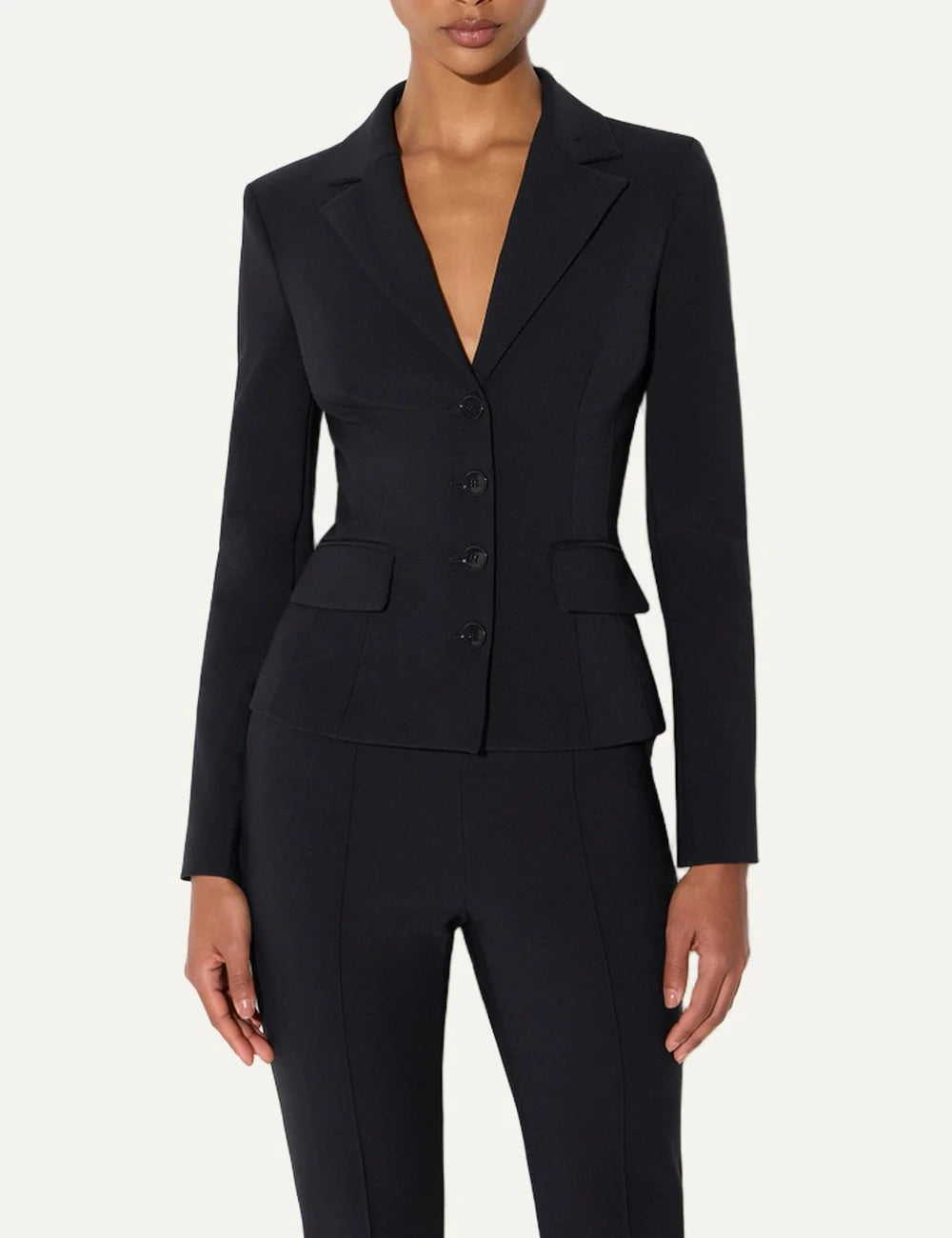Elisabetta Franchi women's black single-breasted tailored blazer with structured shoulders, peak lapels, four-button fastening and flap pockets model