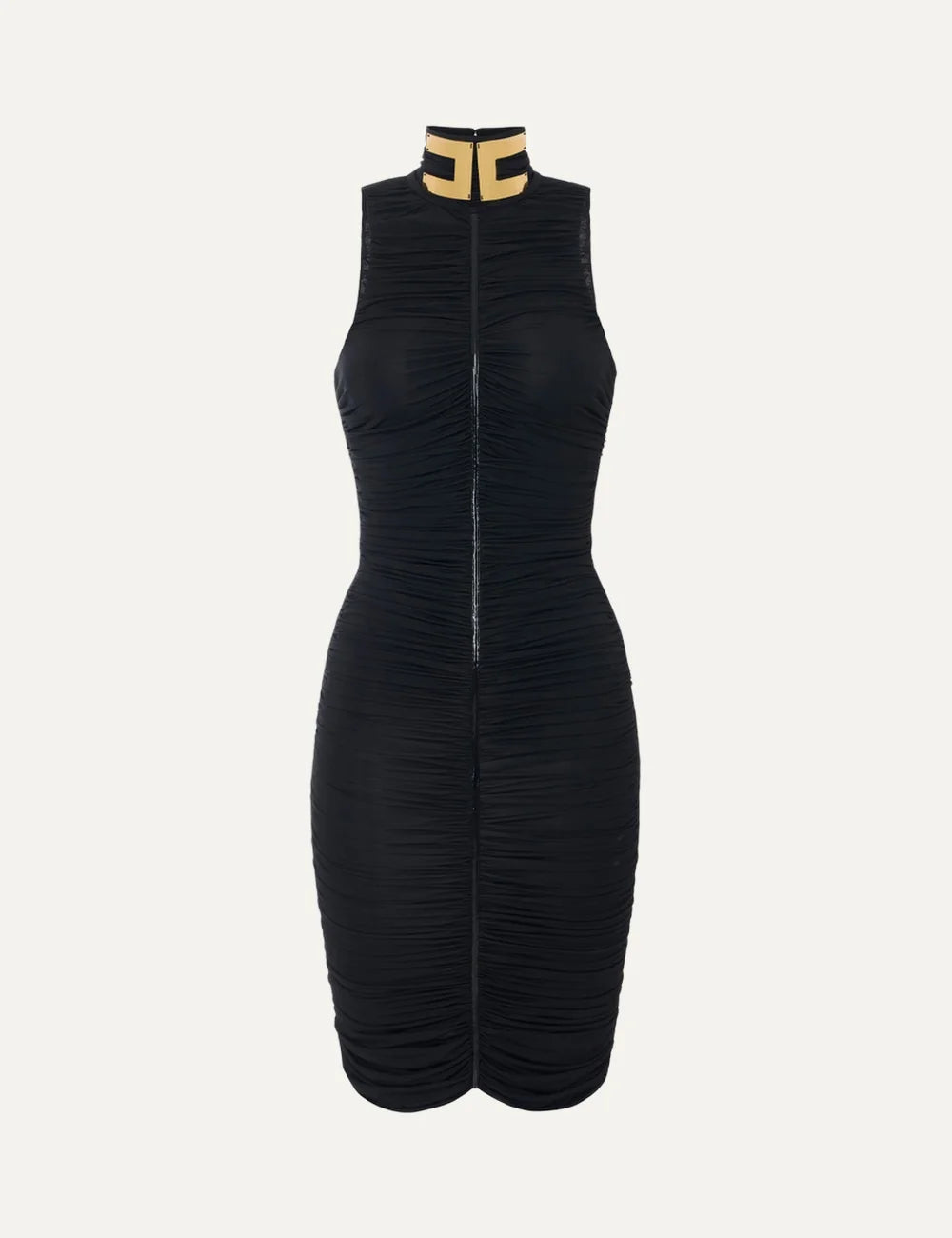 Elisabetta Franchi women's black sleeveless mini dress with all-over ruching, a high collar with gold-tone accents and a central metallic-effect detail.