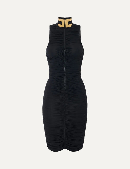 Elisabetta Franchi women's black sleeveless mini dress with all-over ruching, a high collar with gold-tone accents and a central metallic-effect detail.
