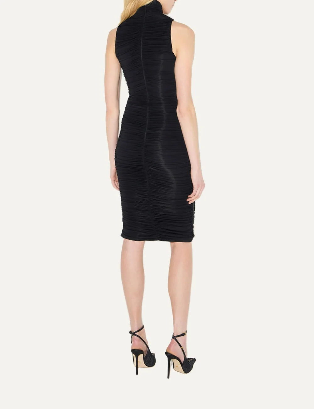 Elisabetta Franchi women's black sleeveless mini dress with all-over ruching, a high collar with gold-tone accents and a central metallic-effect detail back