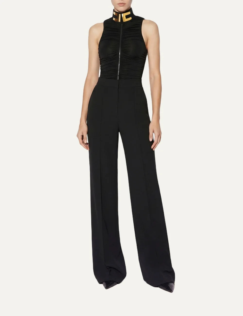 Elisabetta Franchi women's black sleeveless ruched jersey bodysuit with a gold-tone statement collar, front zipper and sheer mesh bottom full body