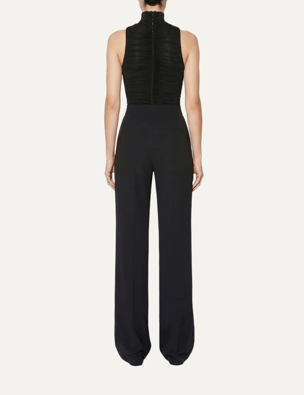 Elisabetta Franchi women's black sleeveless ruched jersey bodysuit with a gold-tone statement collar, front zipper and sheer mesh bottom back