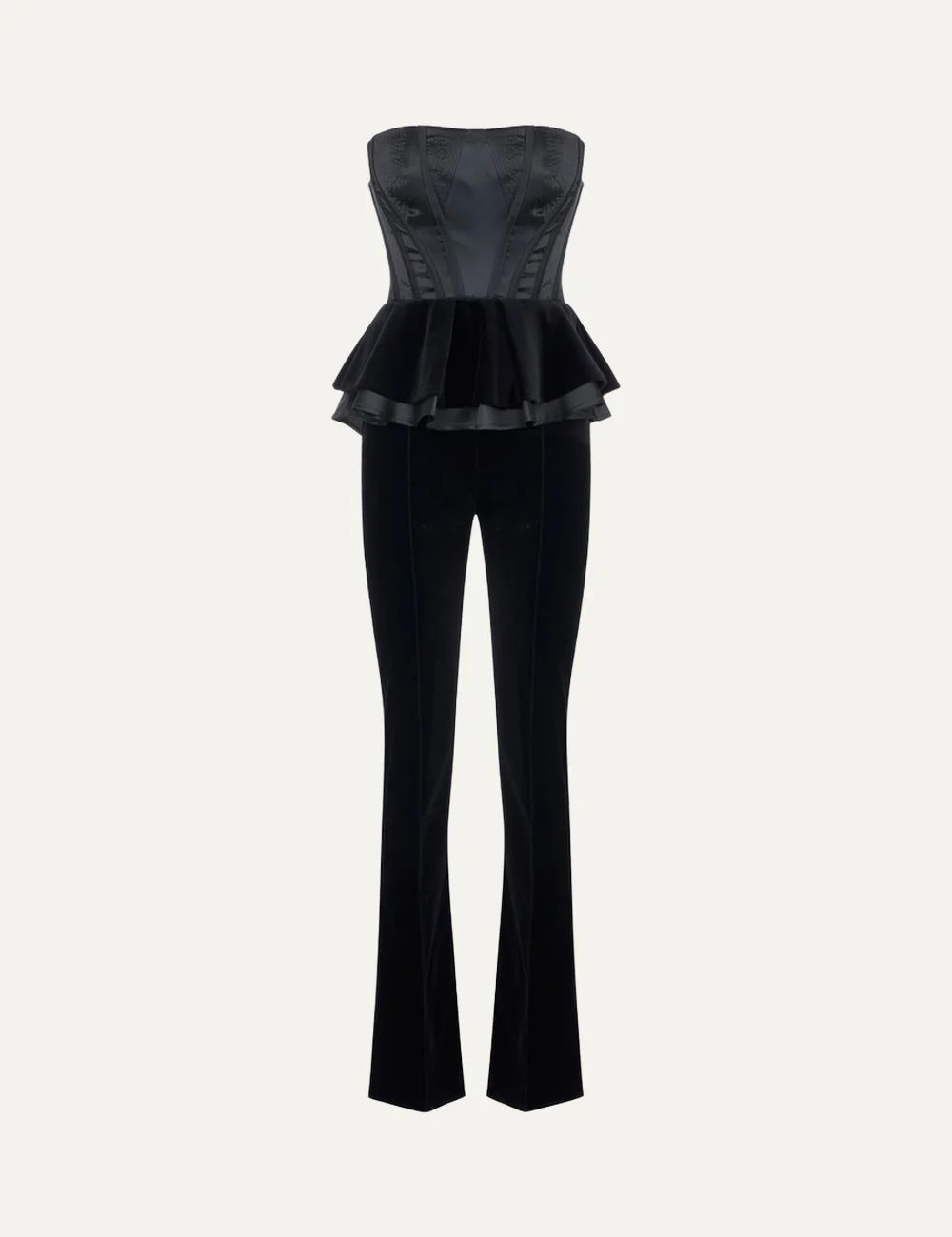 Elisabetta Franchi women's black strapless jumpsuit with structured corset bodice, double peplum waist and long velvet wide-leg trousers.