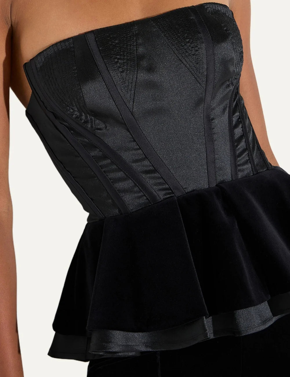 Elisabetta Franchi women's black strapless jumpsuit with structured corset bodice, double peplum waist and long velvet wide-leg trousers detail