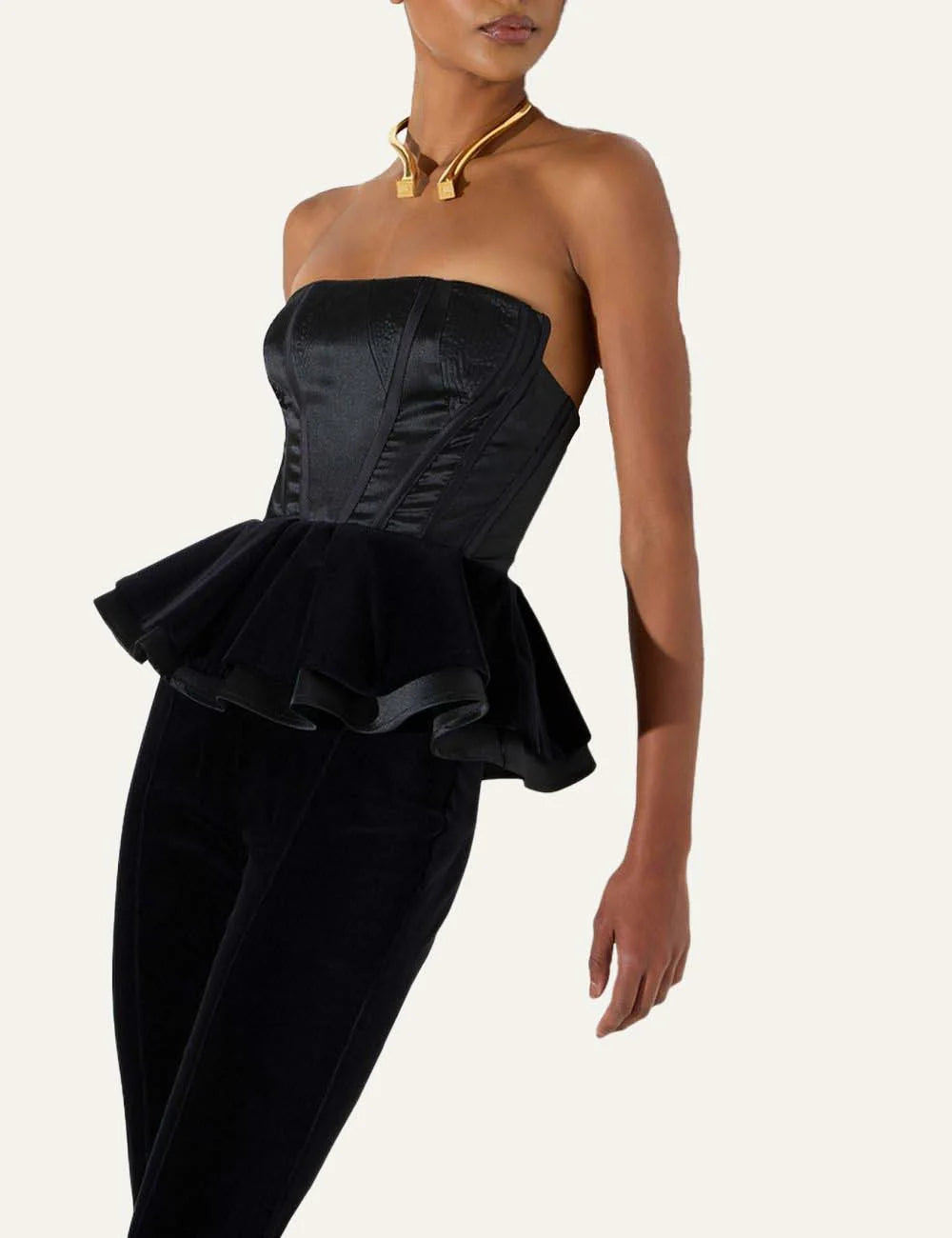 Elisabetta Franchi women's black strapless jumpsuit with structured corset bodice, double peplum waist and long velvet wide-leg trousers side