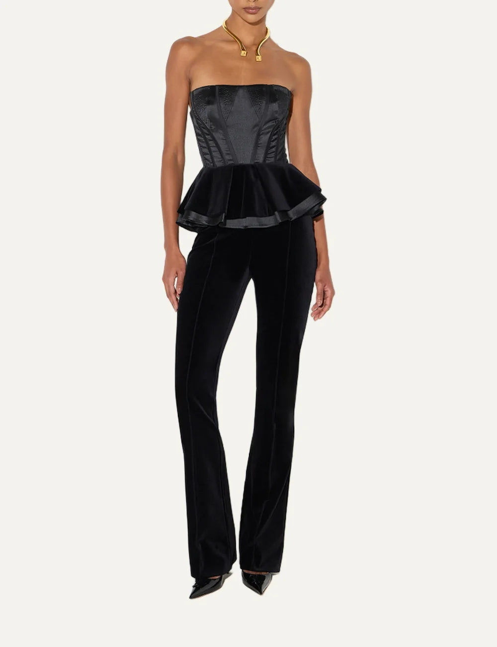 Elisabetta Franchi women's black strapless jumpsuit with structured corset bodice, double peplum waist and long velvet wide-leg trousers full body