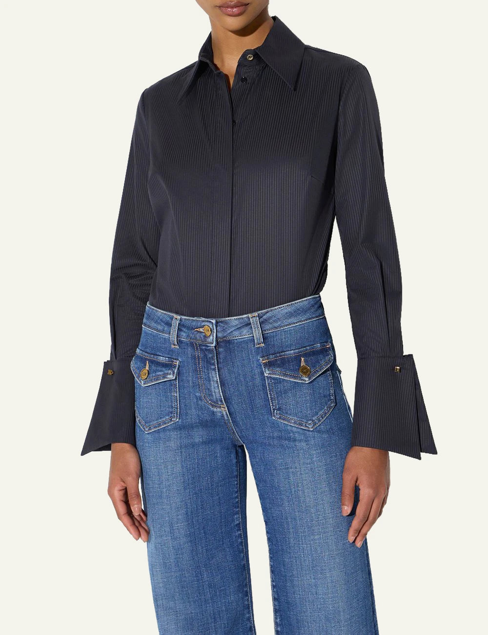 Women's Elisabetta Franchi black striped cotton shirt with oversized cuffs model