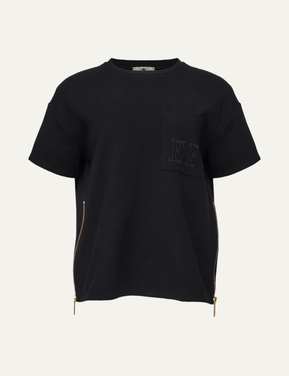 Elisabetta Franchi women's black T-shirt with EF logo pocket and side zips