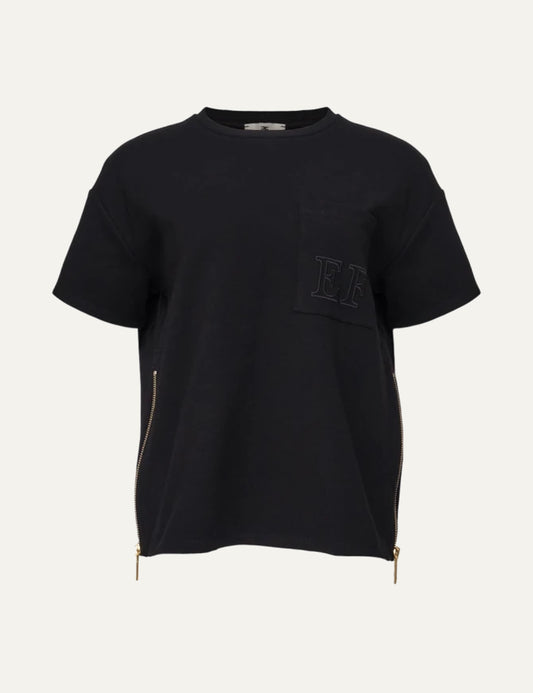 Elisabetta Franchi women's black T-shirt with EF logo pocket and side zips