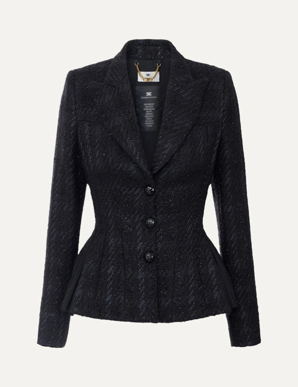 Elisabetta Franchi women's black textured tweed blazer with peak lapels, structured shoulders, three front buttons and a fitted peplum silhouette.