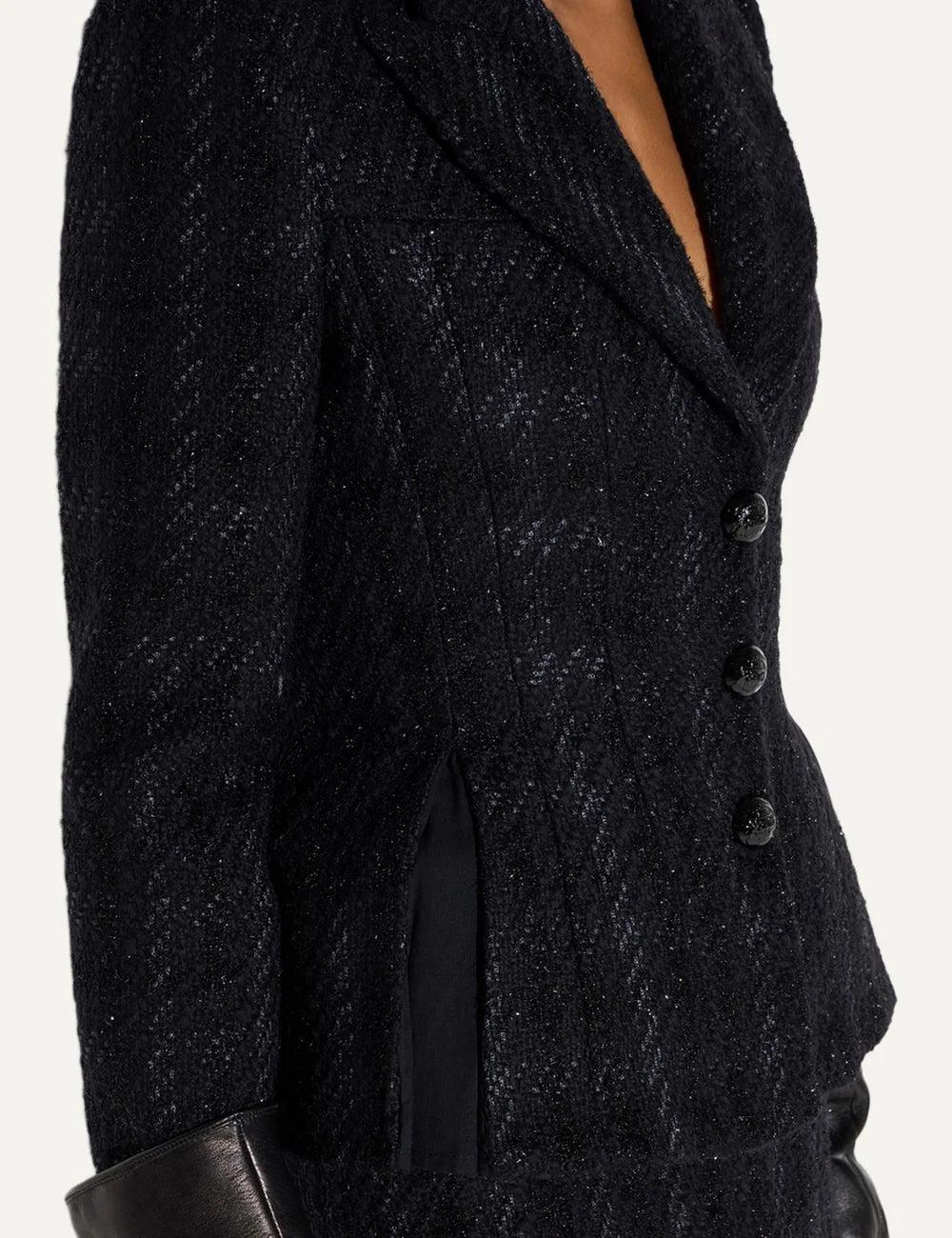 Elisabetta Franchi women's black textured tweed blazer with peak lapels, structured shoulders, three front buttons and a fitted peplum silhouette side
