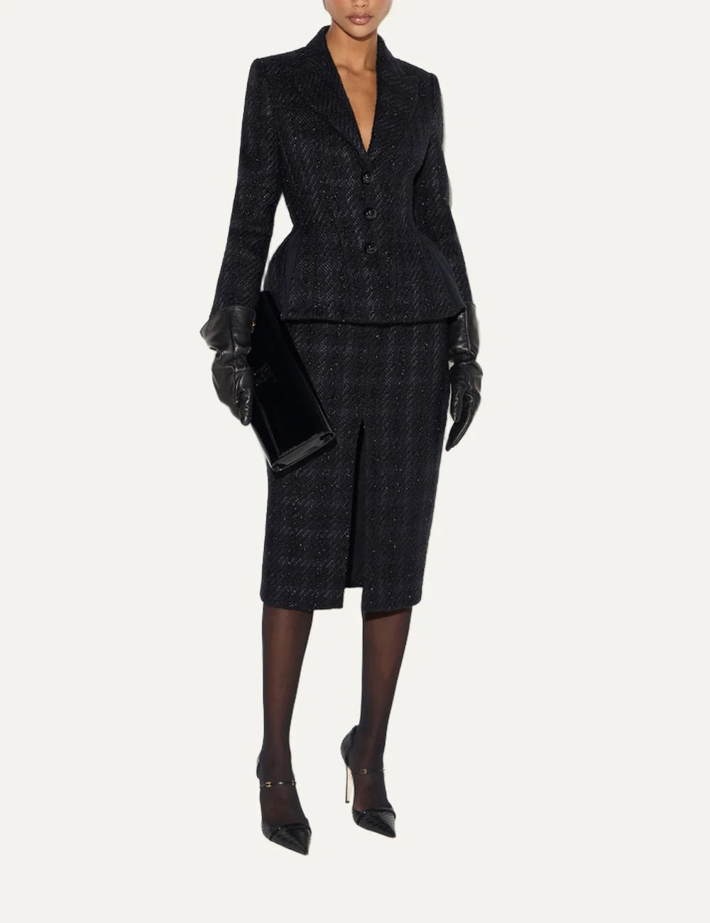 Elisabetta Franchi women's black textured tweed blazer with peak lapels, structured shoulders, three front buttons and a fitted peplum silhouette full body