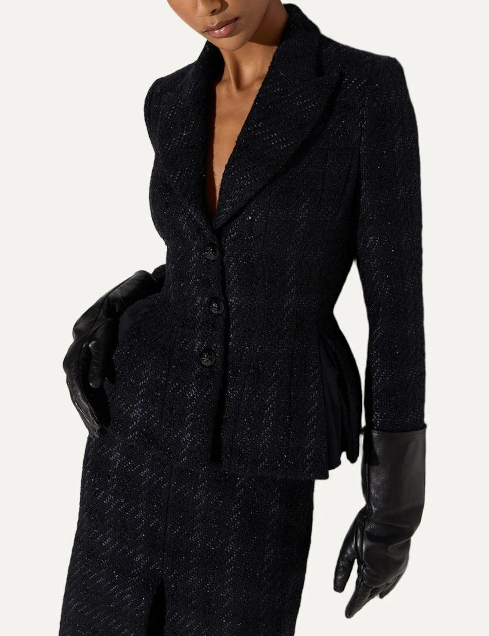 Elisabetta Franchi women's black textured tweed blazer with peak lapels, structured shoulders, three front buttons and a fitted peplum silhouette detail