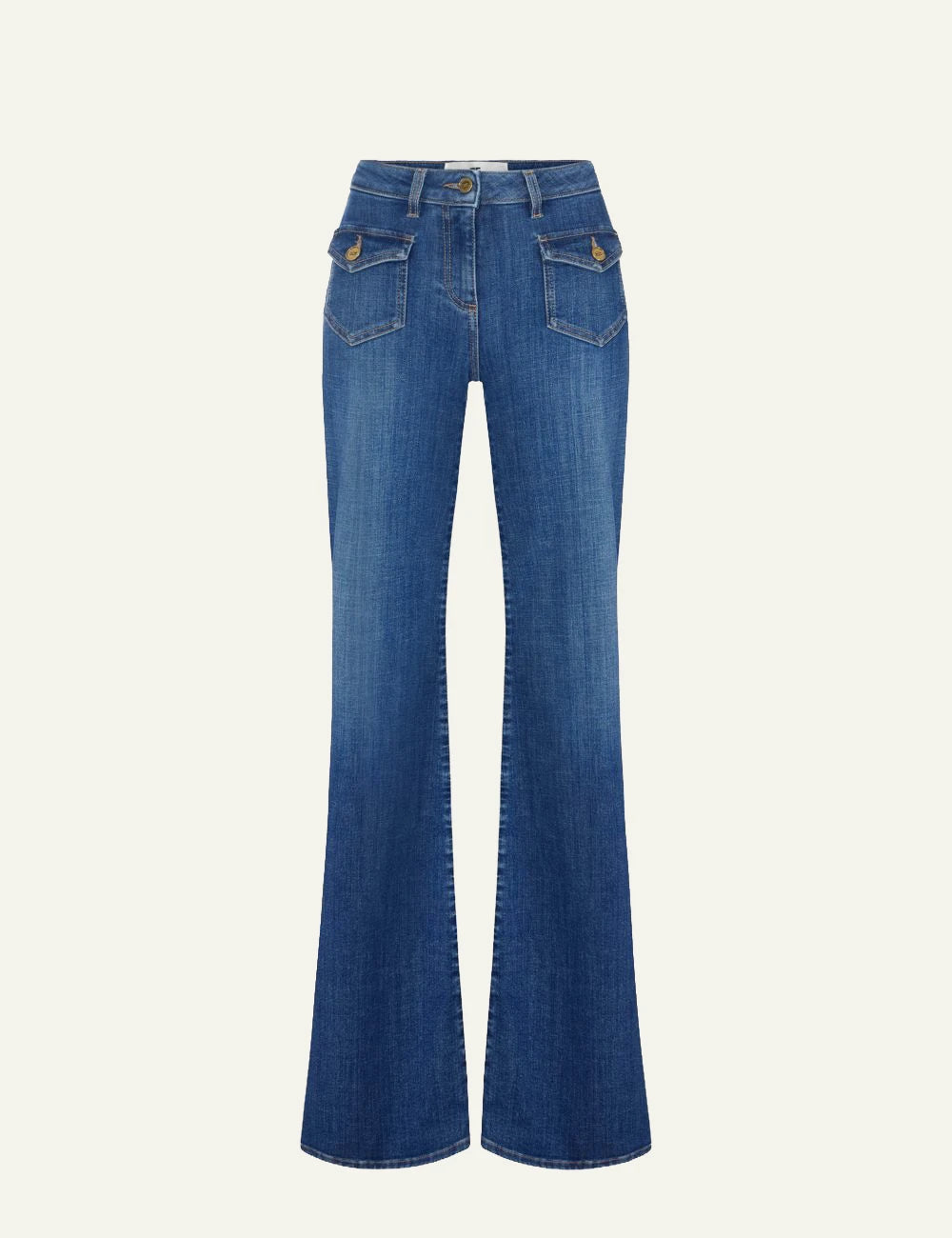 Elisabetta Franchi women's blue denim bell-bottom trousers with gold-tone buttons