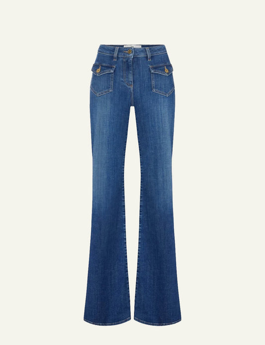 Elisabetta Franchi women's blue denim bell-bottom trousers with gold-tone buttons