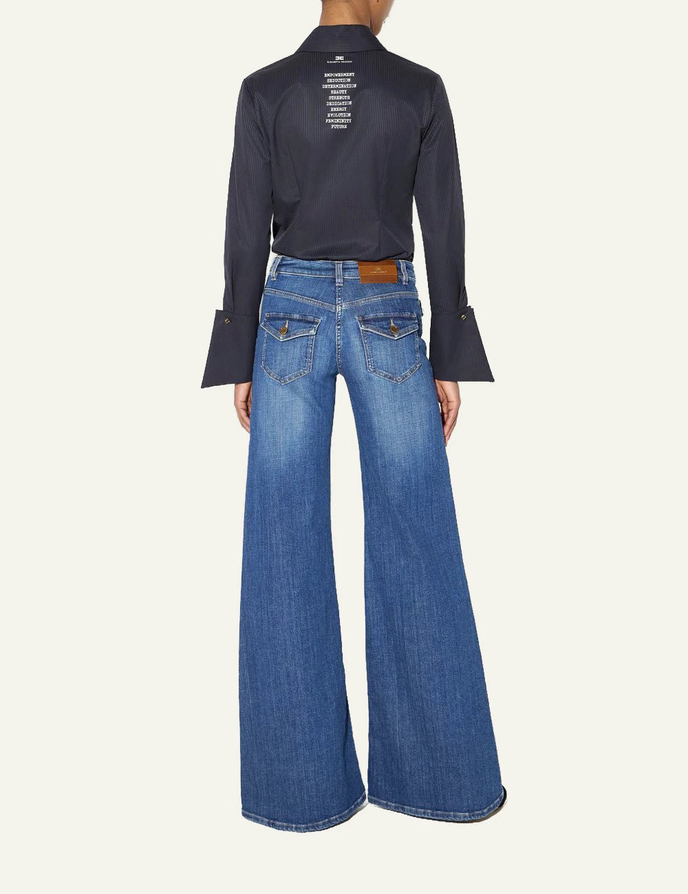 Elisabetta Franchi women's blue denim bell-bottom trousers with gold-tone buttons back