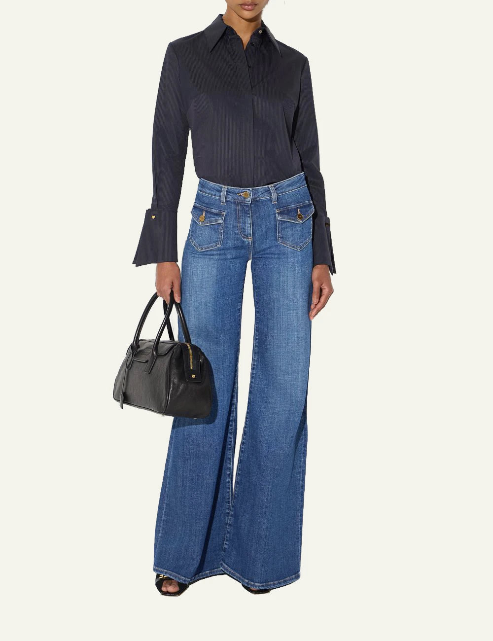 Elisabetta Franchi women's blue denim bell-bottom trousers with gold-tone buttons model