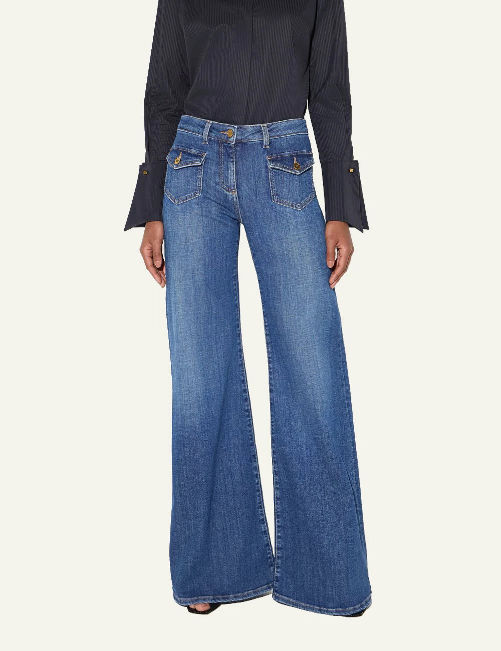 Elisabetta Franchi women's blue denim bell-bottom trousers with gold-tone buttons full body