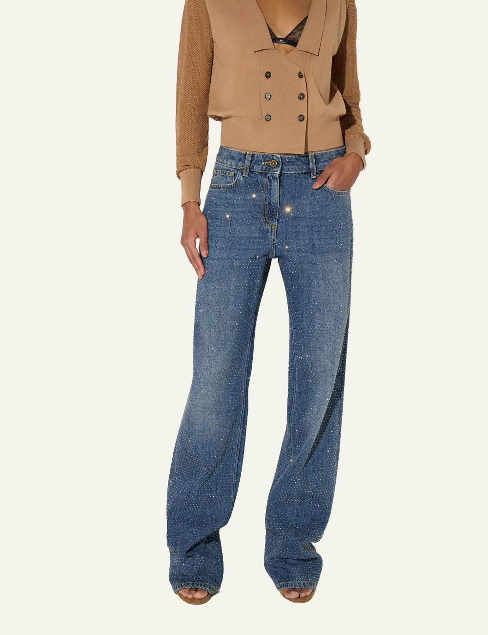 Women's Elisabetta Franchi blue denim palazzo jeans with all-over rhinestones model