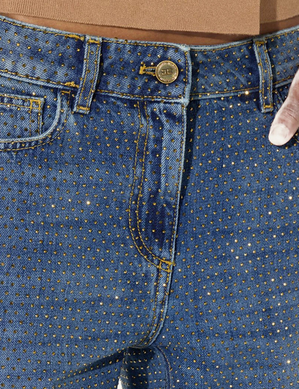 Women's Elisabetta Franchi blue denim palazzo jeans with all-over rhinestones detail