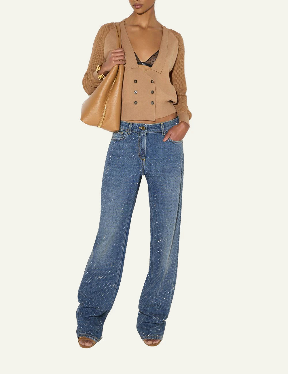 Women's Elisabetta Franchi blue denim palazzo jeans with all-over rhinestones
