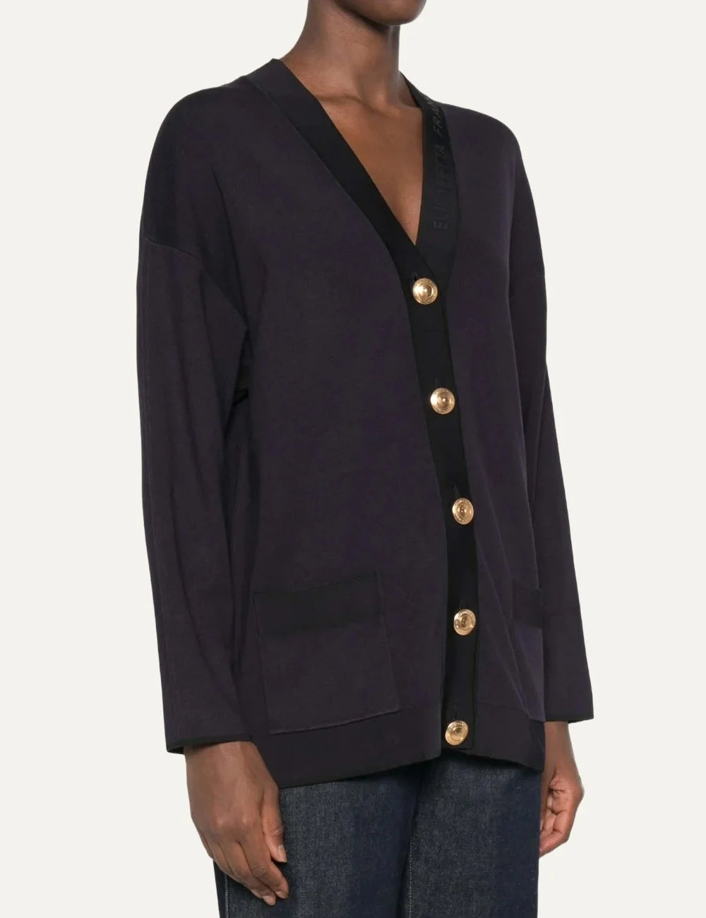 Elisabetta Franchi women's blue knit cardigan with gold buttons model