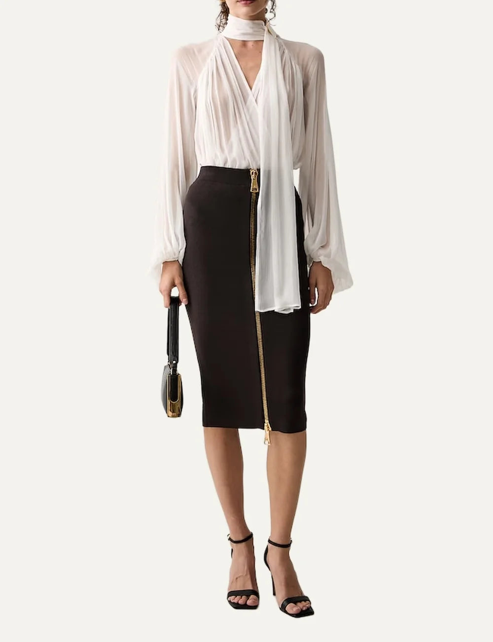 Elisabetta Franchi women's brown high waist pencil midi skirt with gold zip
