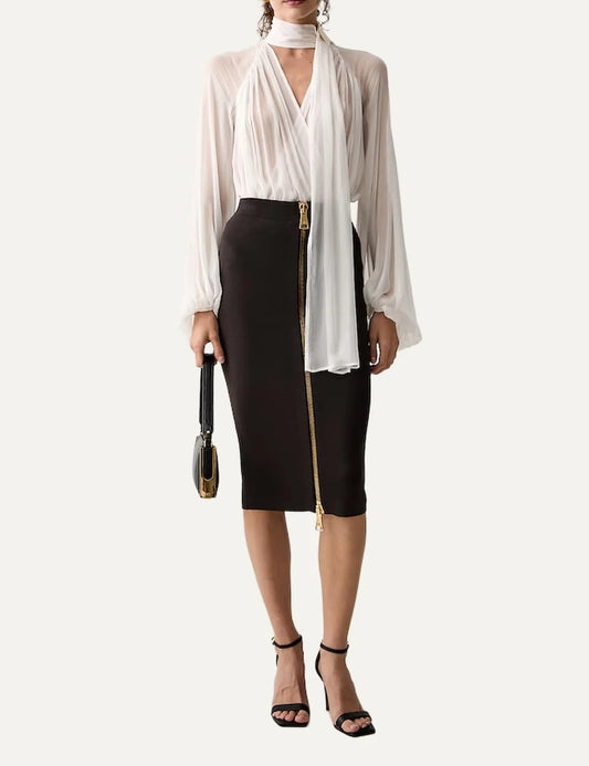 Elisabetta Franchi women's brown high waist pencil midi skirt with gold zip