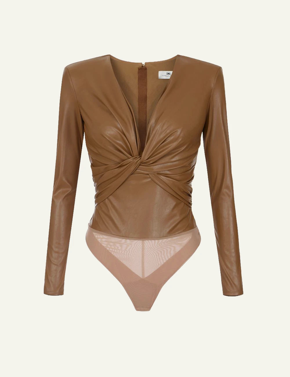 elisabetta franchi womens brown leather effect bodysuit front knot