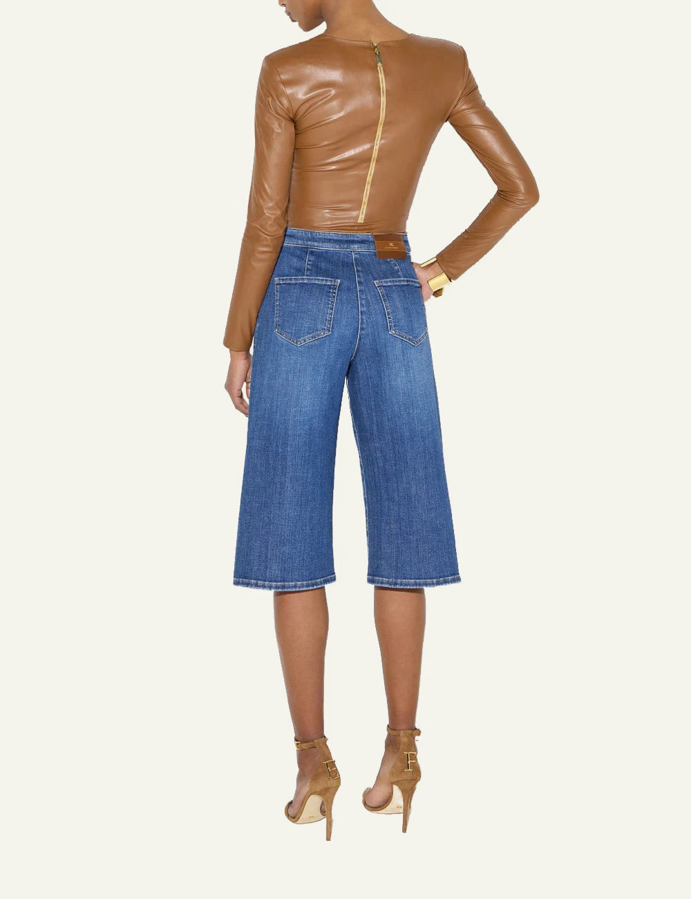 elisabetta franchi womens brown leather effect bodysuit front knot back
