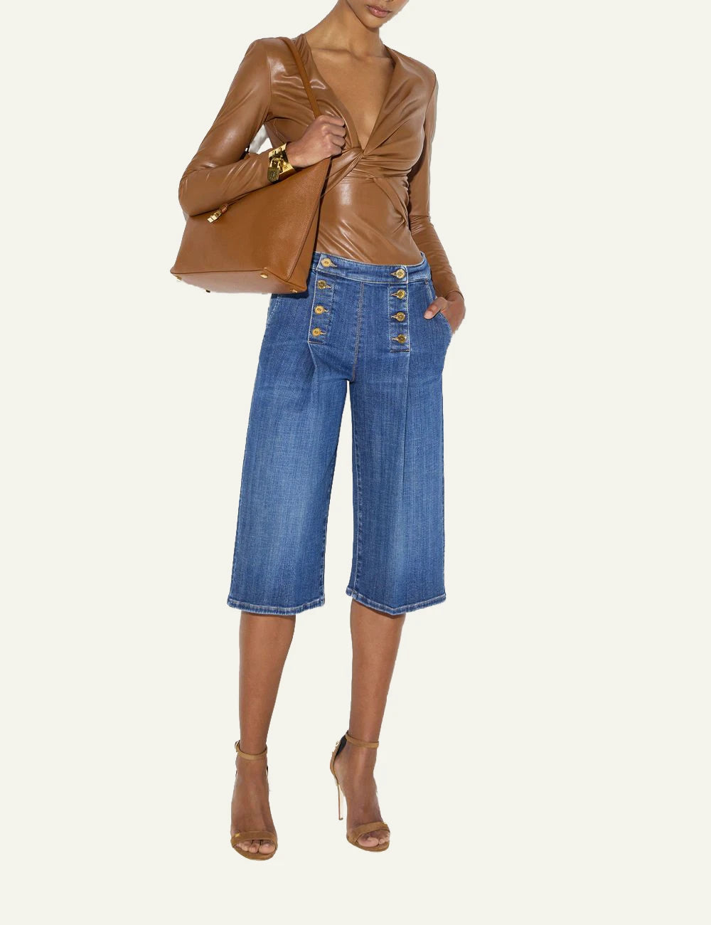 elisabetta franchi womens brown leather effect bodysuit front knot full body
