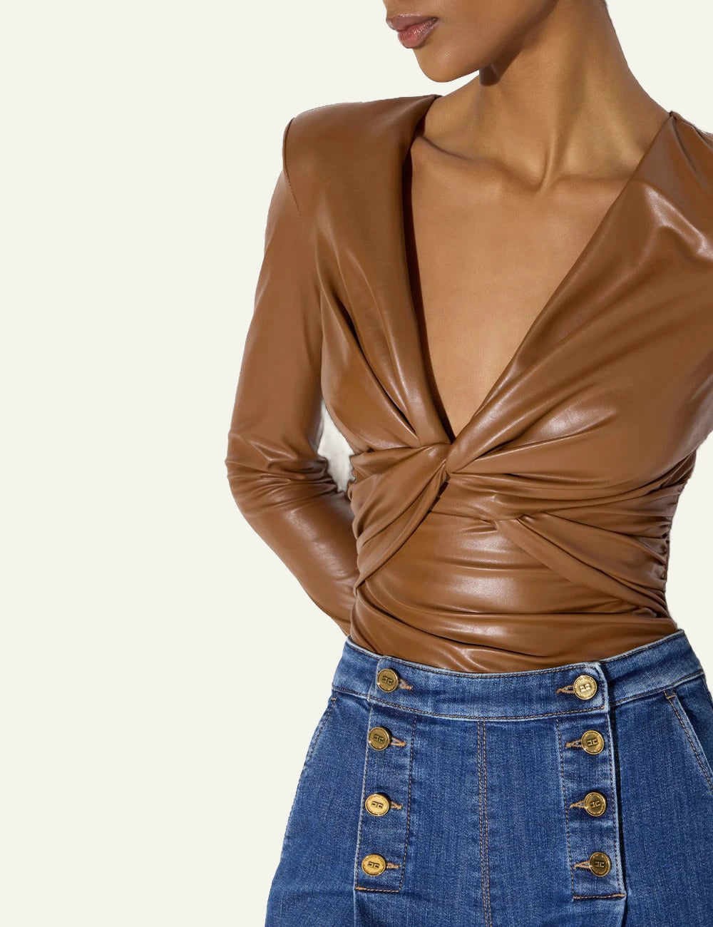 elisabetta franchi womens brown leather effect bodysuit front knot detail
