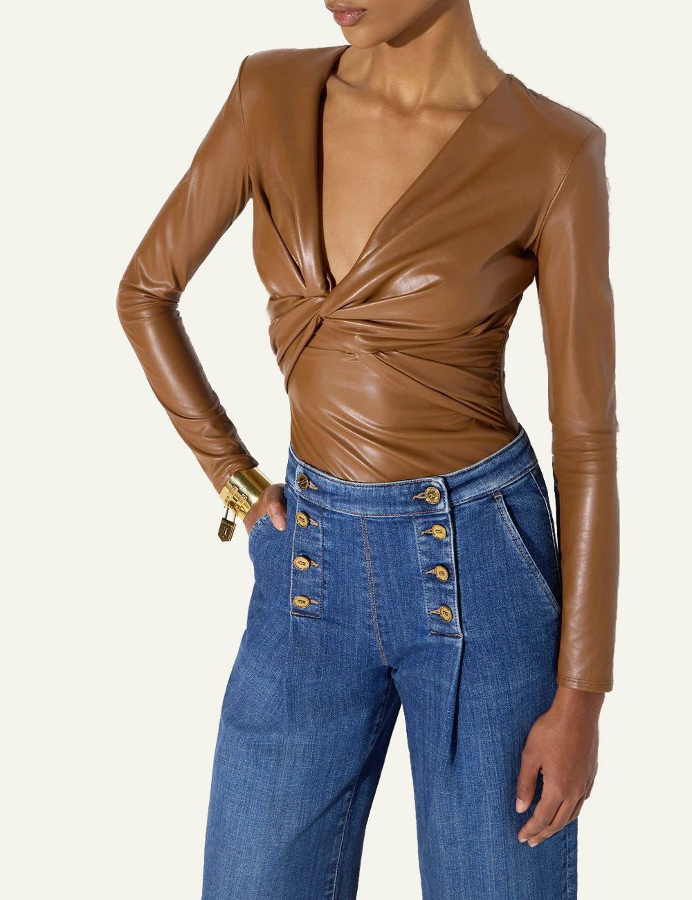 elisabetta franchi womens brown leather effect bodysuit front knot side