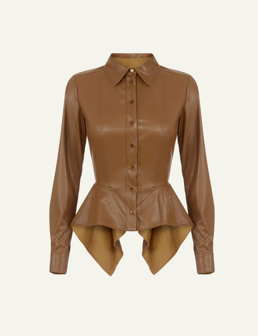 Elisabetta Franchi women's brown leather-effect shirt with peplum detail