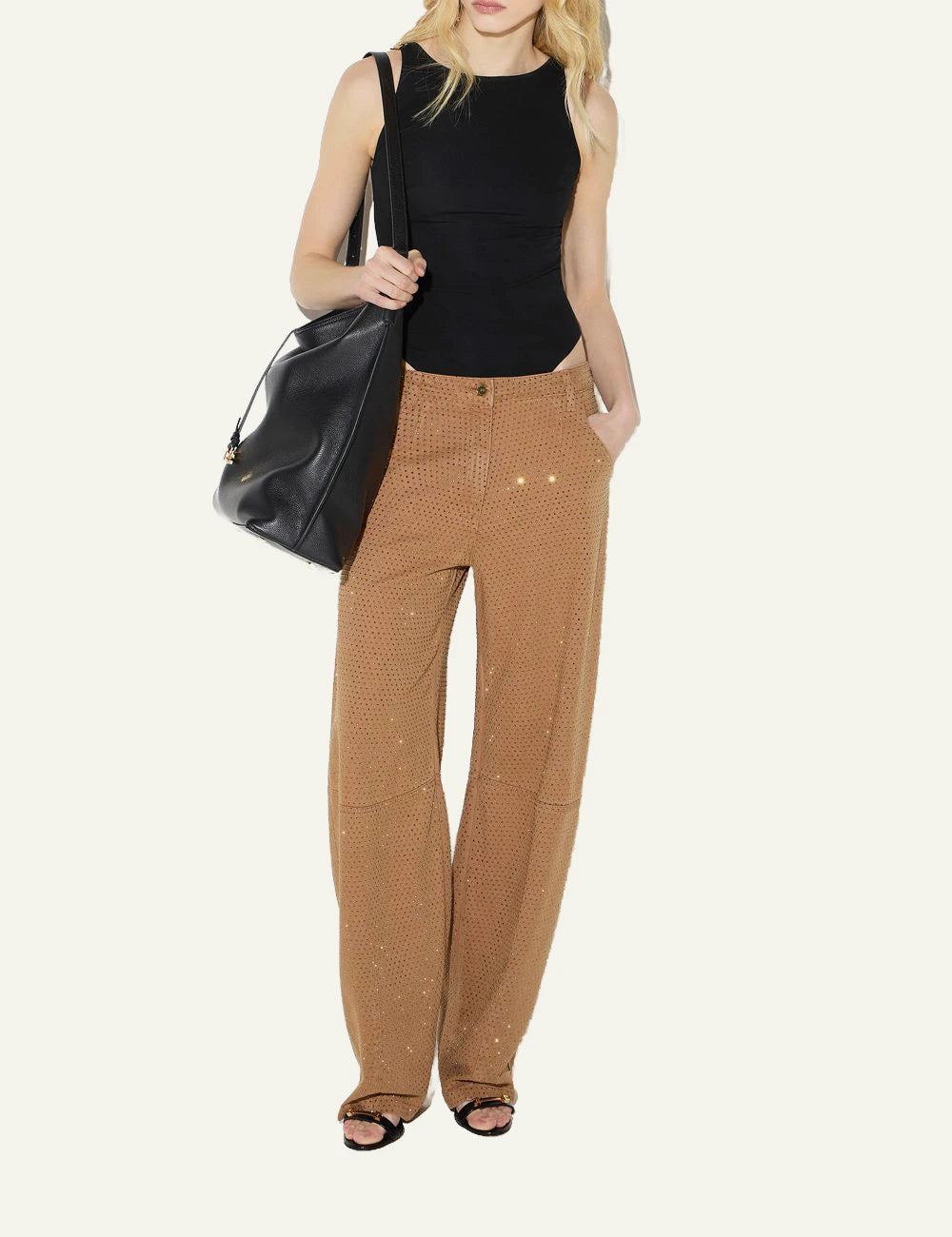 Women's Elisabetta Franchi camel balloon trousers with all-over rhinestones full body