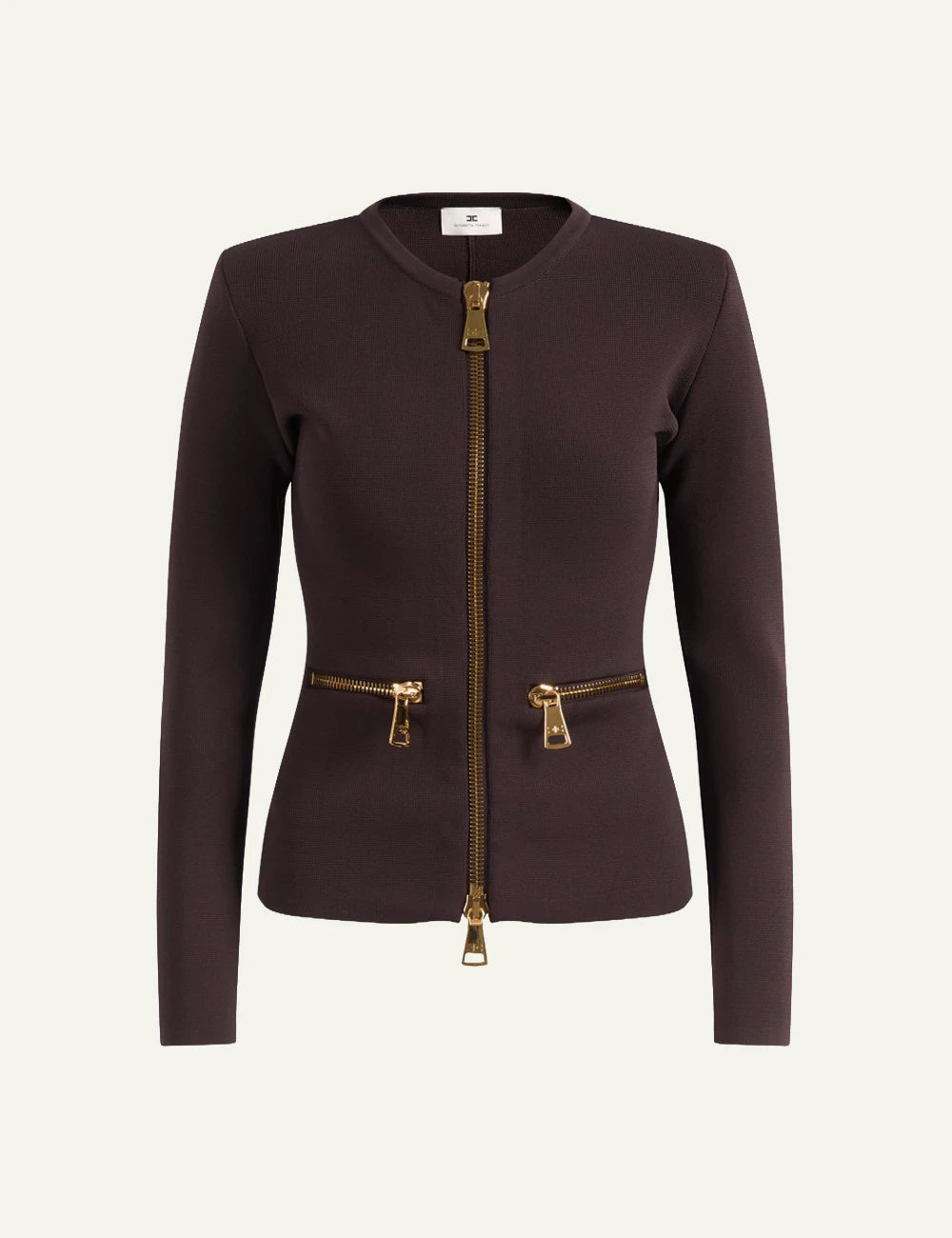 Elisabetta Franchi women's chocolate brown knit cardigan with gold-tone zippers