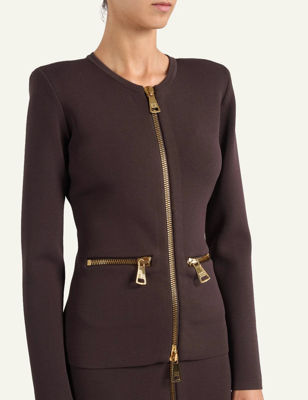 Elisabetta Franchi women's chocolate brown knit cardigan with gold-tone zippers detail