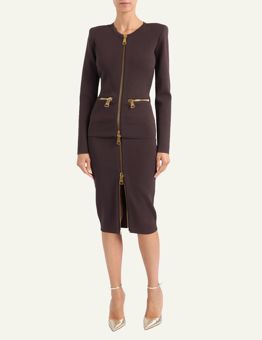 Elisabetta Franchi women's chocolate brown knit cardigan with gold-tone zippers full body
