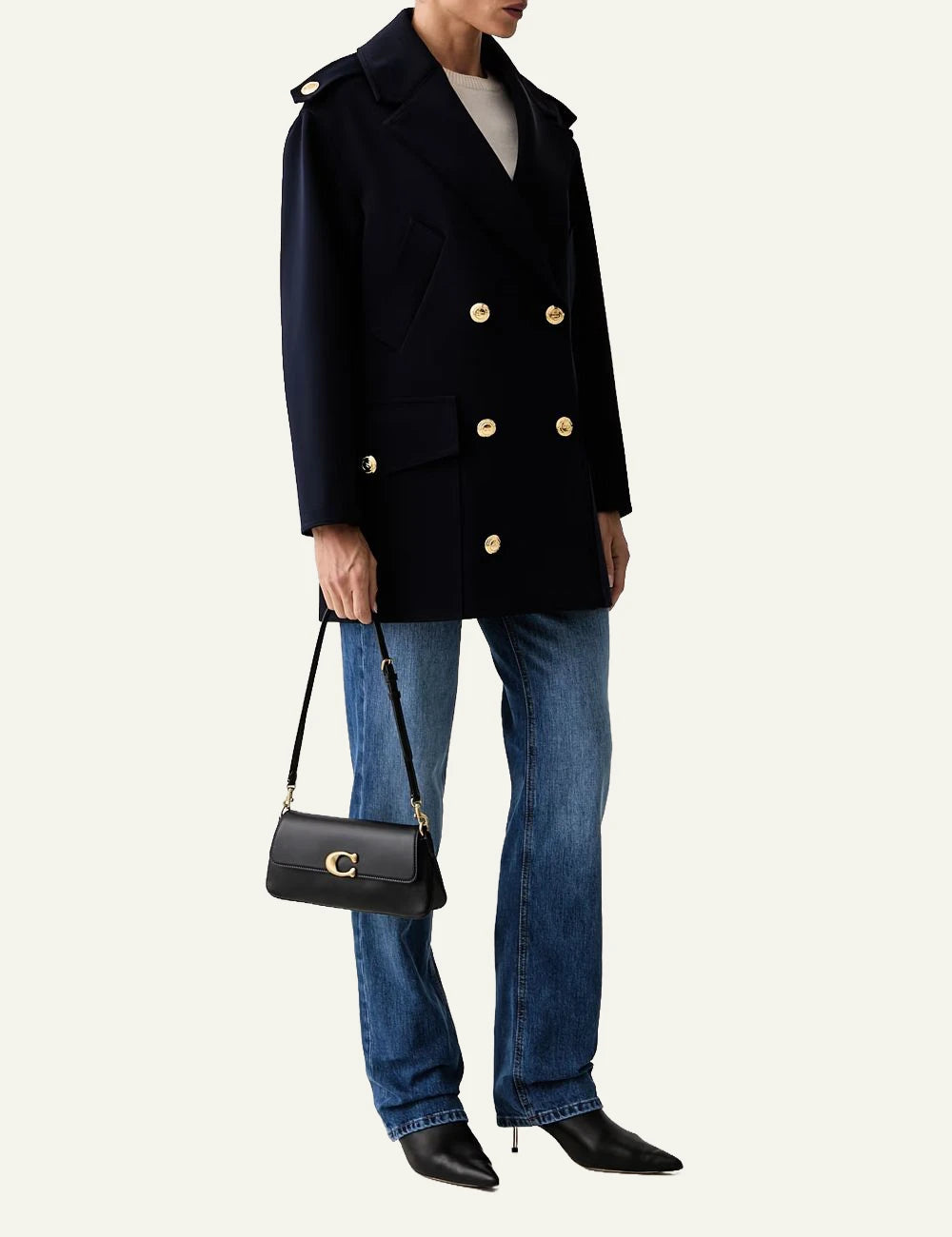 Women's Elisabetta Franchi dark blue double-breasted coat with gold buttons full body