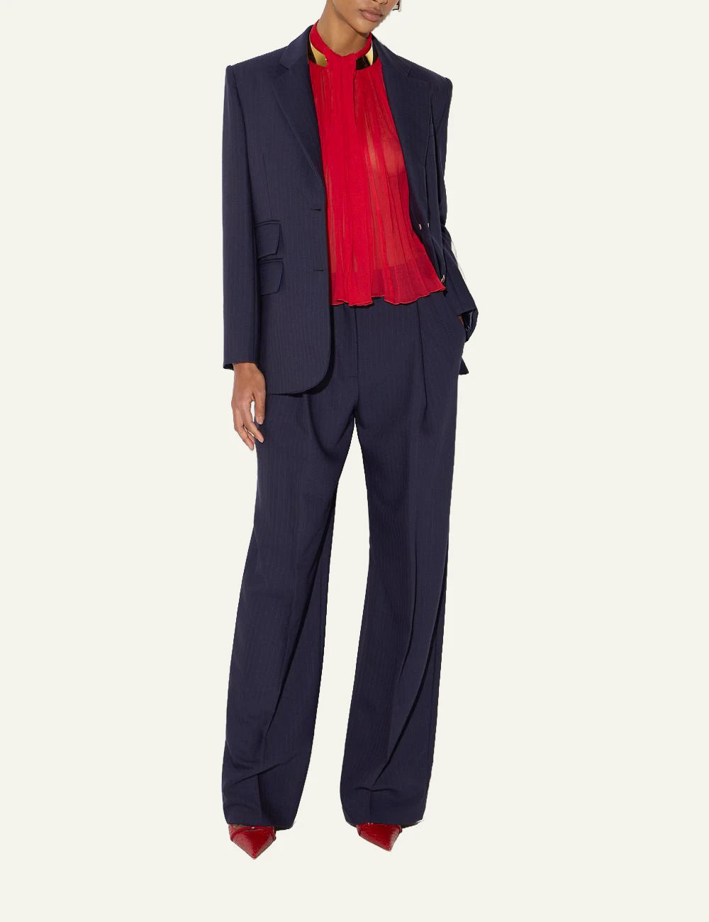 Women's Elisabetta Franchi dark blue pinstripe wool oversized blazer with logo buttons full body