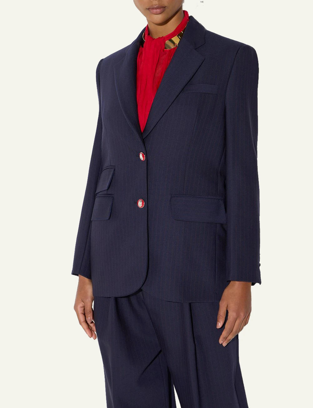Women's Elisabetta Franchi dark blue pinstripe wool oversized blazer with logo buttons side