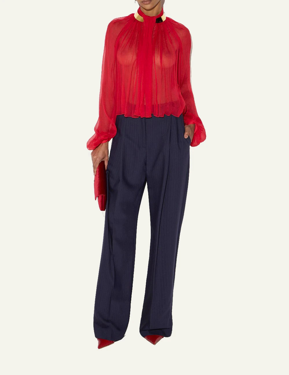 Women's Elisabetta Franchi dark blue pinstripe wool palazzo trousers full body