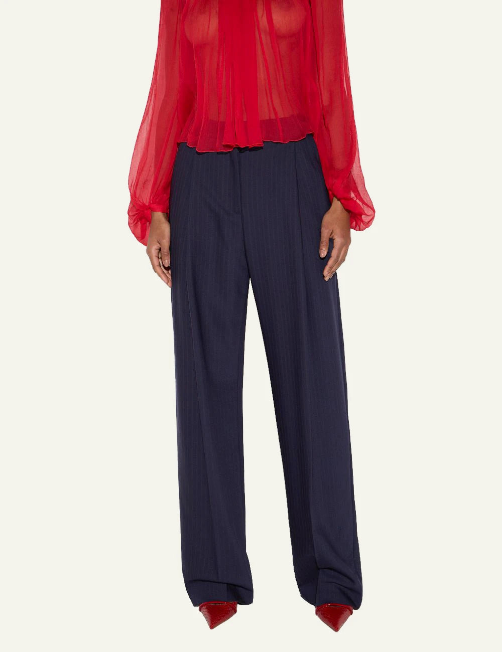 Women's Elisabetta Franchi dark blue pinstripe wool palazzo trousers model