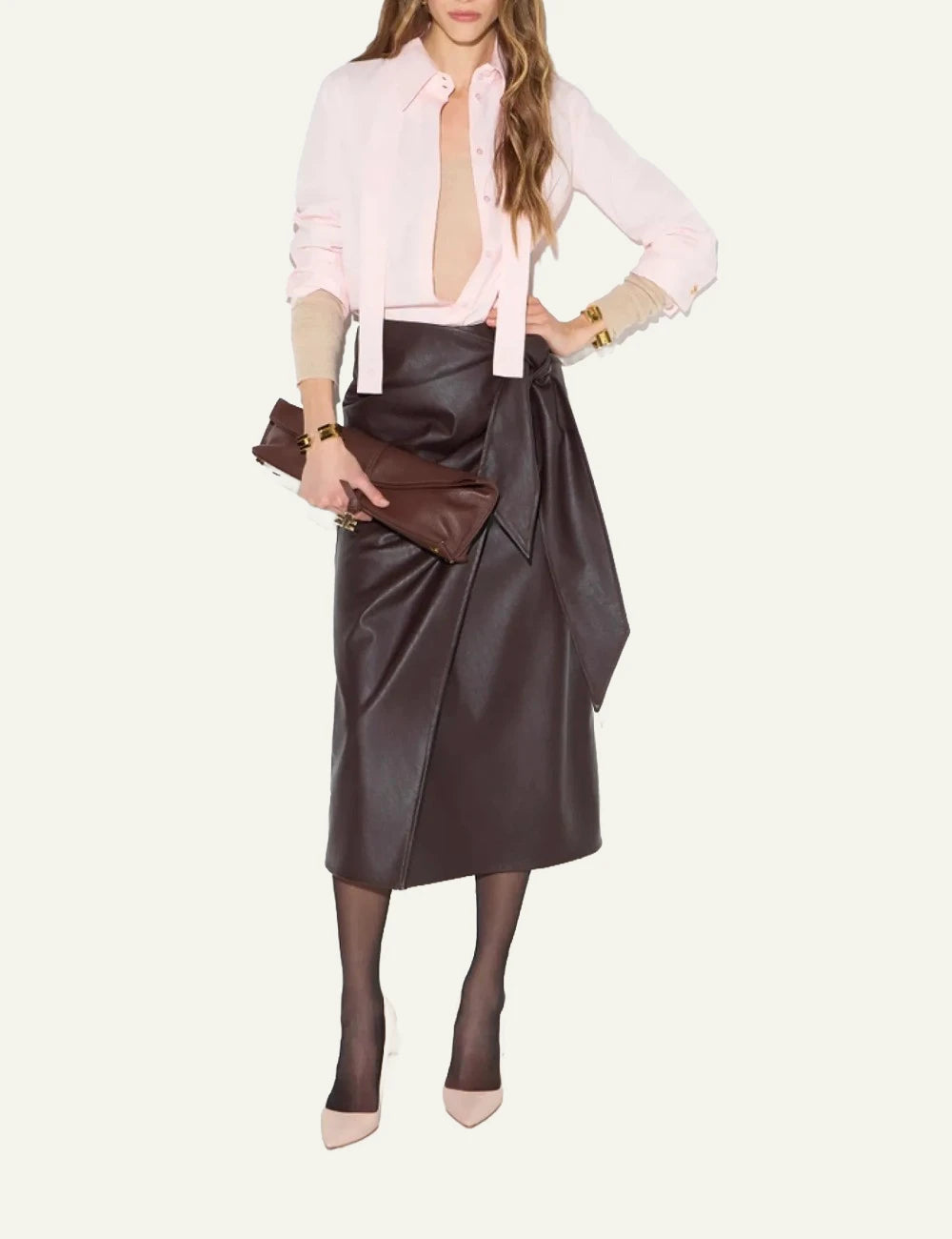 Women's Elisabetta Franchi dark brown faux leather midi wrap skirt with gold logo detail