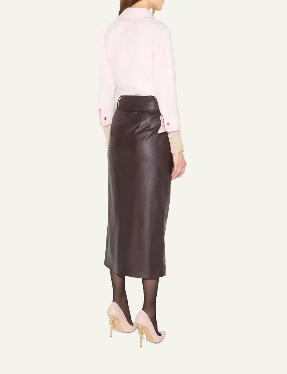Women's Elisabetta Franchi dark brown faux leather midi wrap skirt with gold logo detail back
