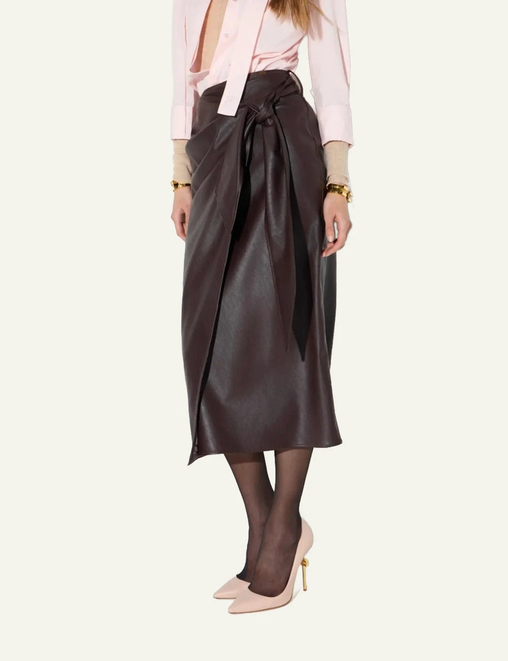 Women's Elisabetta Franchi dark brown faux leather midi wrap skirt with gold logo detail model