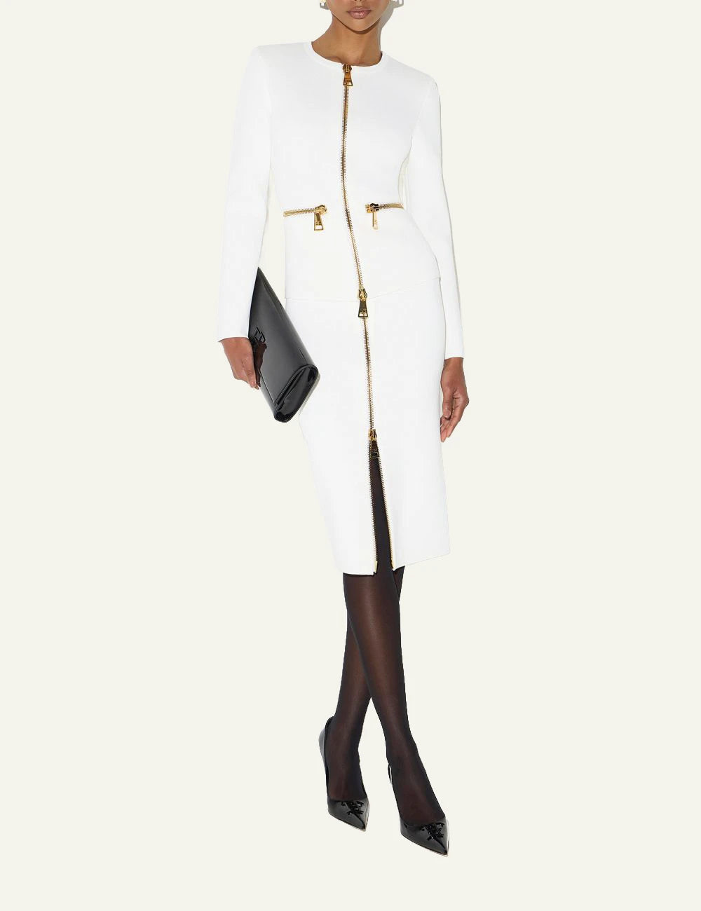 Women's Elisabetta Franchi ivory knit cardigan with gold zip details full body